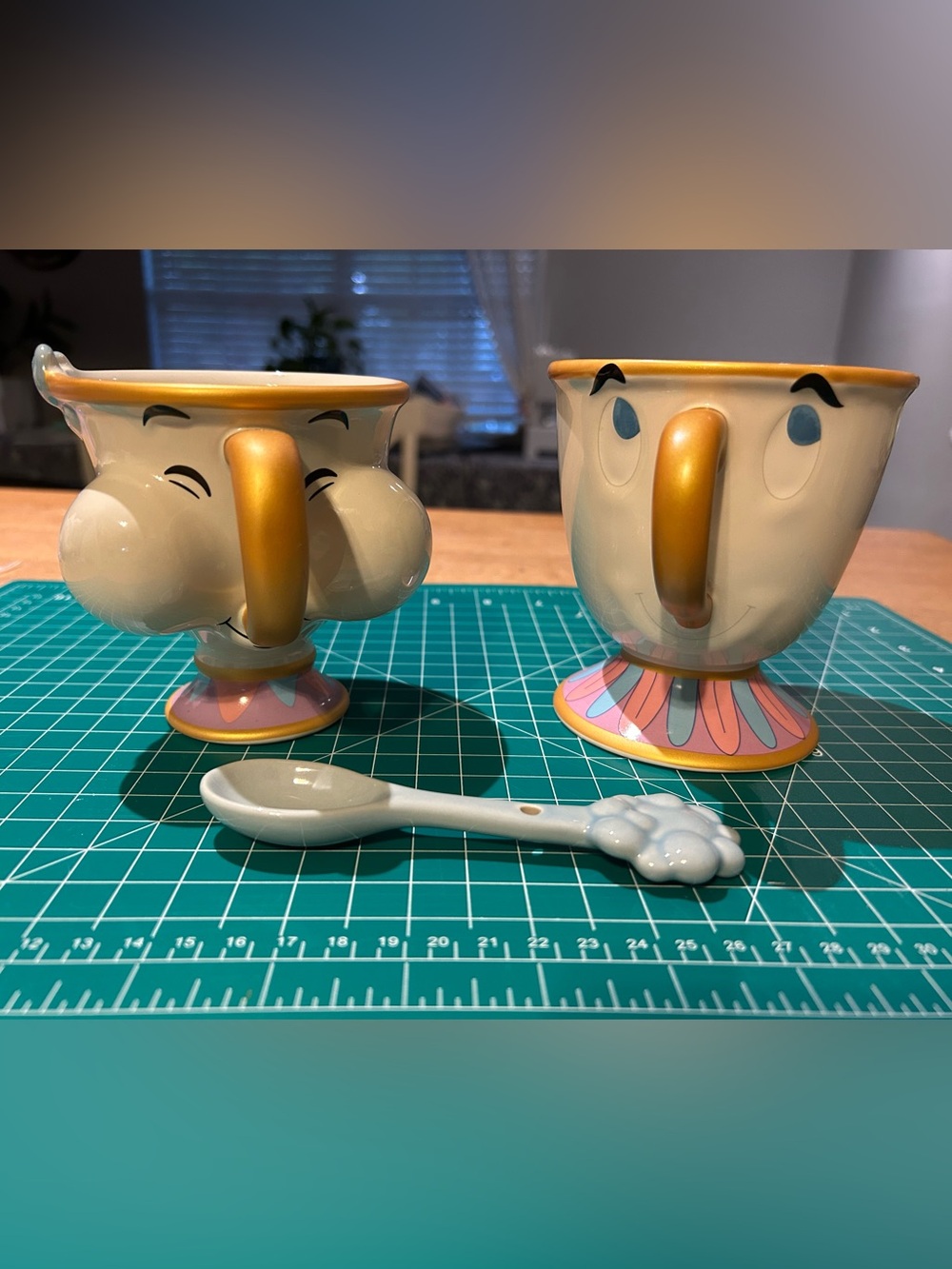 Disney Beauty and the Beast Chip Tea Cup Pair with Spoon - Yellow & Pastel